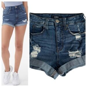 Aero Super High Rise Midi 2" 5 Pocket Distressed Cuffed Denim Shorts Sz 0
